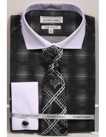 Black Woven Design White Collared French Cuffed Slim Fit Men's Dress Shirt