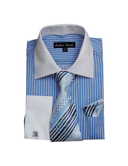 White Collared French Cuffed Shirt & Tie Set Blue Men's Dress Shirt