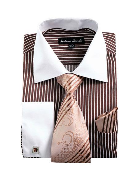 Men's White Collared French Cuffed Brown Shirt & Tie Set Dress Medium 15.5 Neck / 34-35 Sleeve