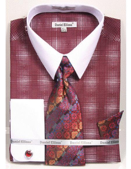 White Collared French Cuffed Burgundy ~ Wine ~ Maroon Color Woven Design Shirt With Tie/Hanky/Cufflink Set Men's Dress Shirt - Small