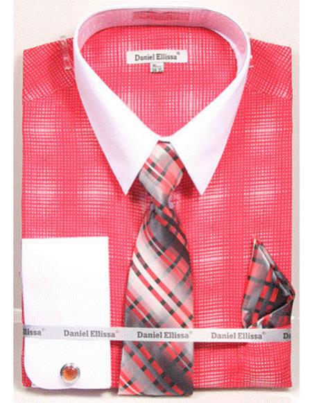 White Collared French Cuffed Salmon ~ Coral Color Woven Design Shirt With Tie/Hanky/Cufflink Men's Dress Shirt