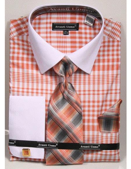 White Collared French Cuffed Salmon ~ Coral Color Shirt With Tie/Hanky/Cufflink Set Men's Dress Shirt