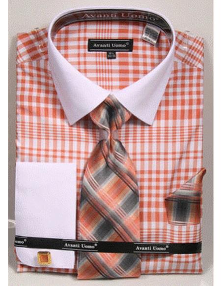 salmon color dress shirt Men's White Collared French Cuffed Salmon Pink ~ Coral Color Shirt With Tie Hanky Cufflink Set Dress Small