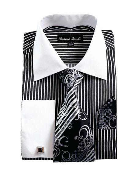 White Collared French Cuffed Dress Black & Tie Set Men's Dress Shirt