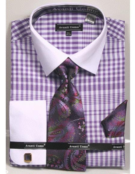 White Collared French Cuffed Lavender Shirt With Tie/Hanky/Cufflink Set Men's Dress Shirt - Small