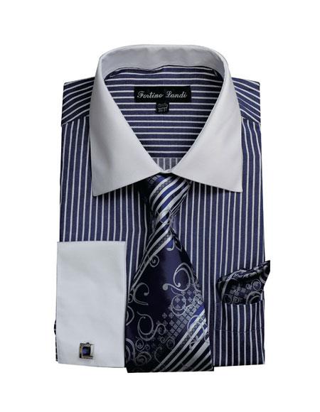 Men's White Collared French Cuffed Navy Dress Shirt & Tie Set - Medium 15.5 Neck / 34-35 Sleeve