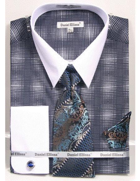 White Collared French Cuffed Navy Woven Design Shirt With Tie/Hanky/Cufflink Men's Dress Shirt - Small