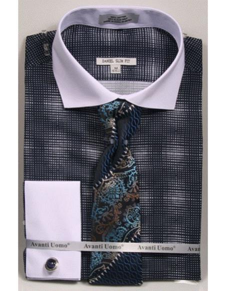 Woven Design White Collared French Cuffed Navy Slim Fit Men's Dress Shirt