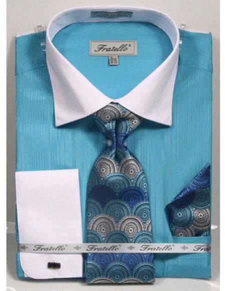 White Collared French Cuffed Turquoise Shirt With Tie/Hanky/Cufflink Set Men's Dress Shirt - Small