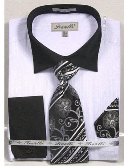 Black Collared French Cuffed White Dress Shirt With Tie/Hanky/Cufflink Set Men's Dress Shirt - Small