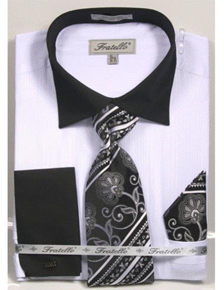 Black Collared French Cuffed White Dress Shirt With Tie/Hanky/Cufflink Set Men's Dress Shirt