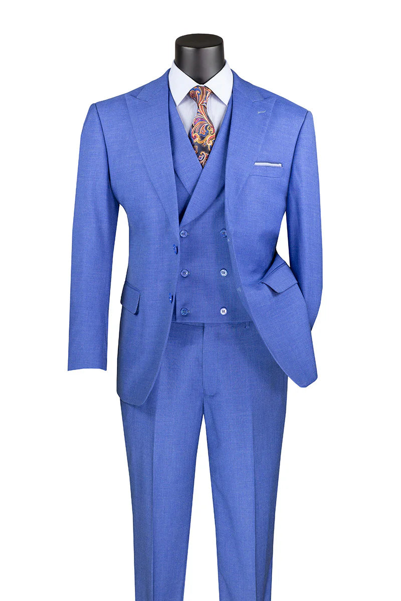 French Blue Modern Fit 3-Piece Suit with Lapel Vest & Adjustable Pants - 38 Short - 32 Waist