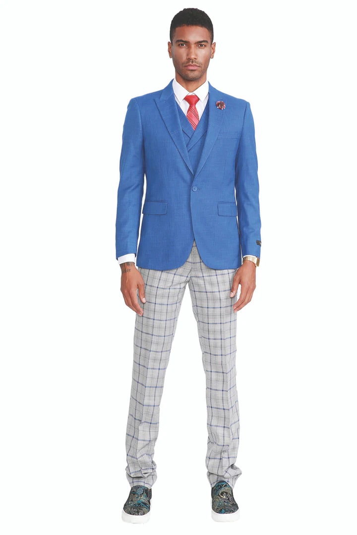 Cheap Suit - Men's One Button Vested Peak Lapel Suit French Blue With Grey & Blue Plaid Pants