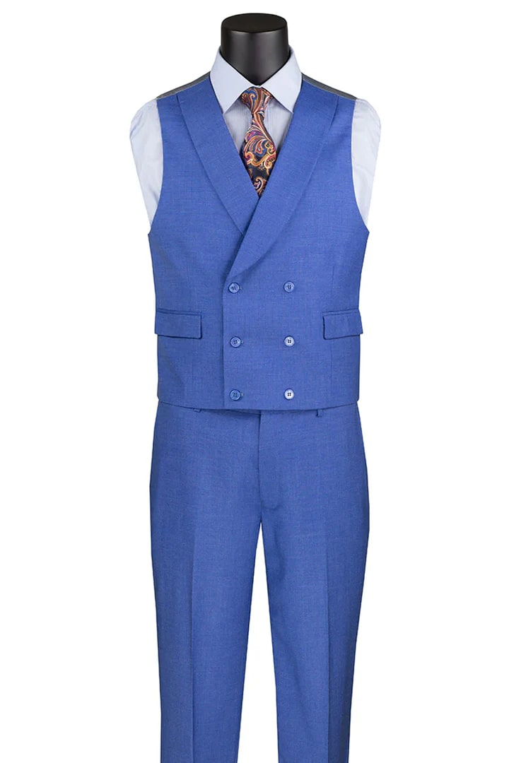 Cheap Suit - Men's Summer Sharkskin French Blue Suit With Double Breasted Vest