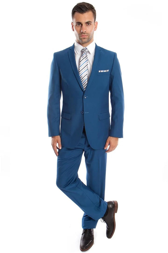 Cheap Priced Suit - Men's Basic 2 Button Slim Fit Wedding French Blue Suit