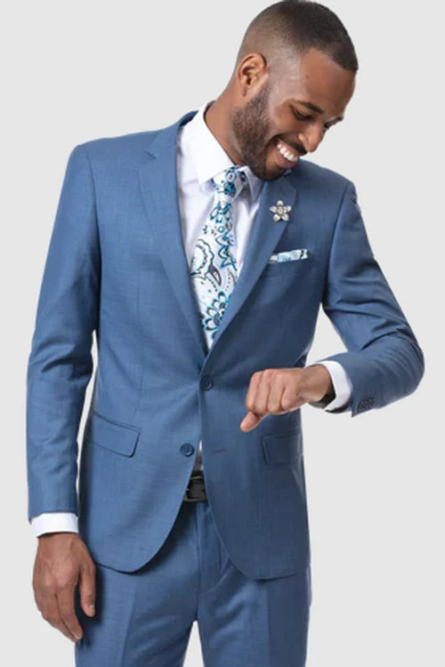 Cheap Priced Suit - Mens Two Button Modern Fit Sharkskin Weave French Blue Suit