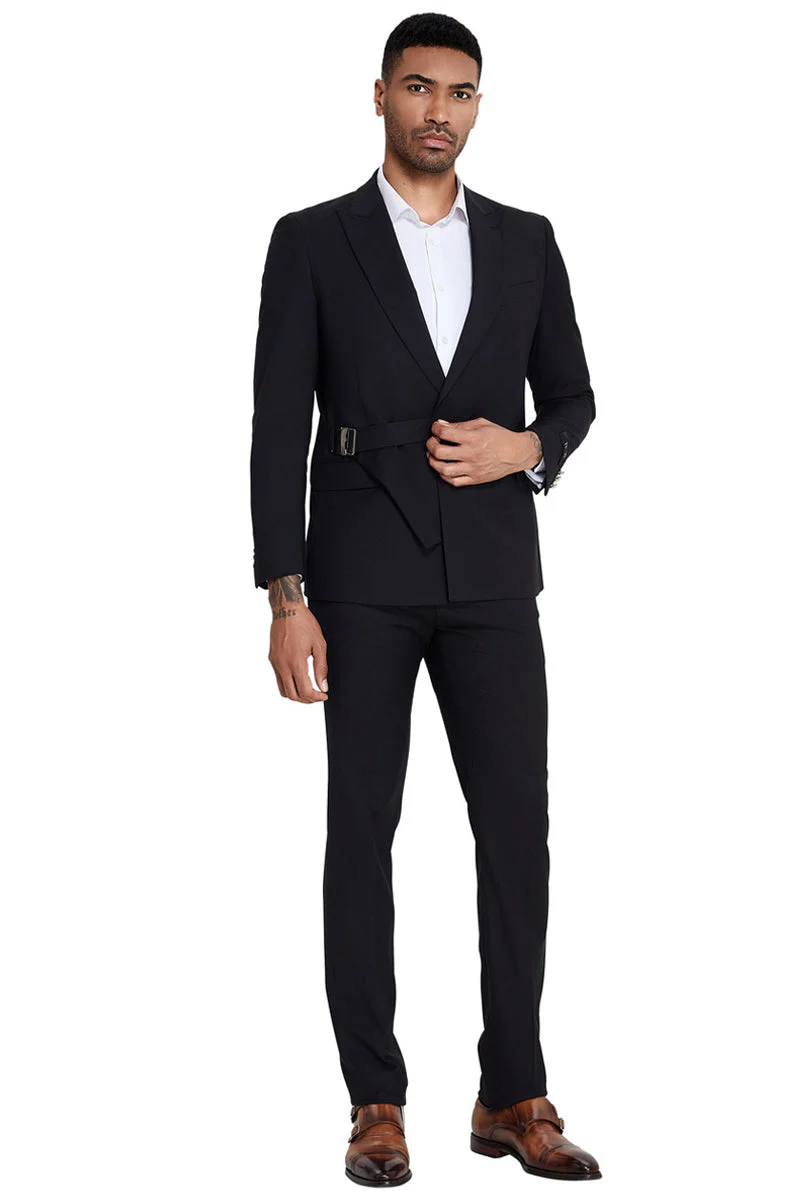 Mens French Front Peak Lapel Strapped Slim Fit Suit in Black - 34 Short or Extra Small