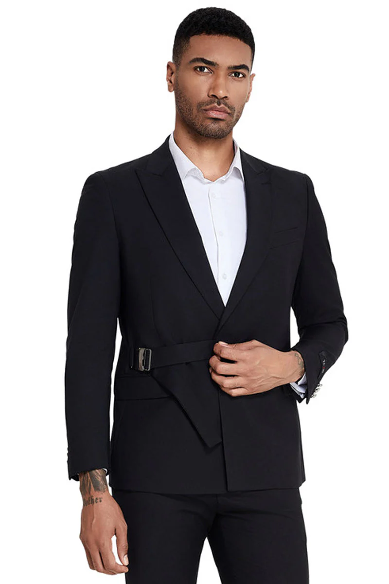 Mens French Front Peak Lapel Strapped Slim Fit Suit in Black - 34 Short or Extra Small
