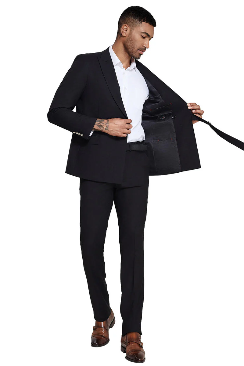 Mens French Front Peak Lapel Strapped Slim Fit Suit in Black - 34 Short or Extra Small