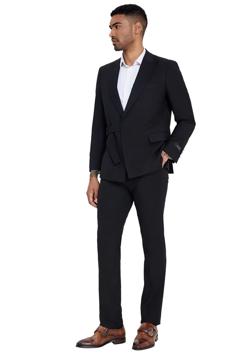Mens French Front Peak Lapel Strapped Slim Fit Suit in Black - 34 Short or Extra Small
