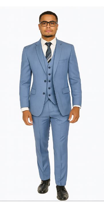 Sharkskin Textured 3-Piece Steel Blue - Dusty Blue Suit - 38 Short Jacket+32 Waist Adjustable 28to34)(Height: 5’4”to5’7”)(Neck 15-16.5)S-M)