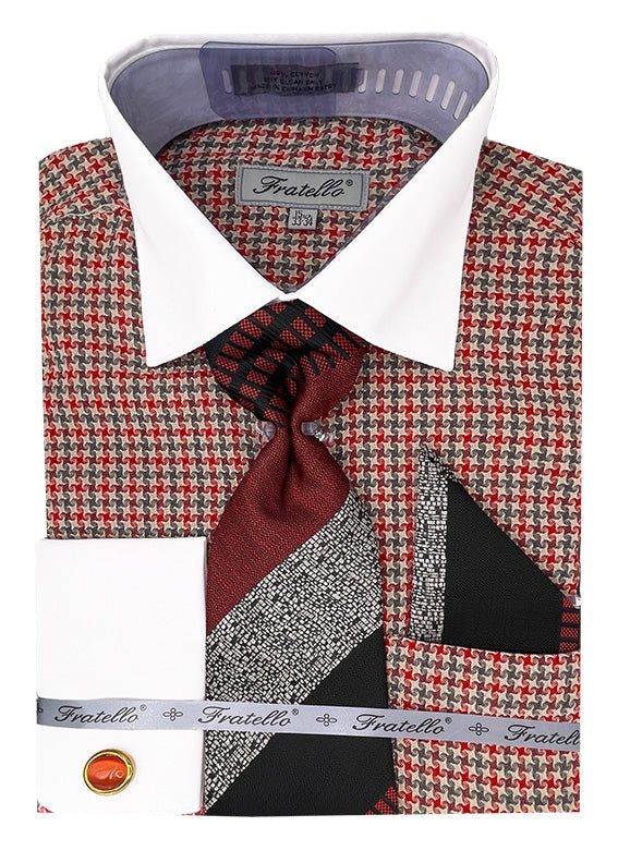 Vintage Houndstooth Men's Dress Shirt & Tie Set, Red