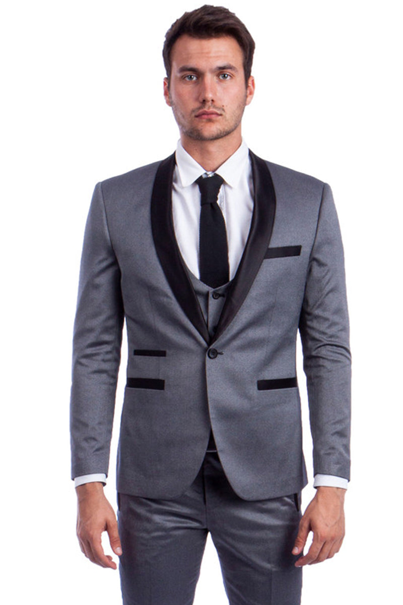 "Grey Men's Shawl Tuxedo with One Button Low Cut Vest"
