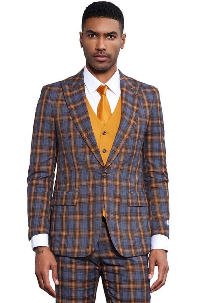 Men's Stacy Adams Bold Windowpane Plaid Print Vested Suit in Grey & Gold - 38 Regular
