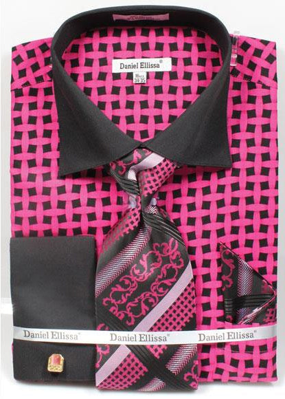 Daniel Ellissa Bright Net Pattern Two Tone French Cuff Black/Fuchsia Big And Tall Sizes Black Collar Two Toned Contrast 18 19 20 21 22 Inch Neck Men's Dress Shirt