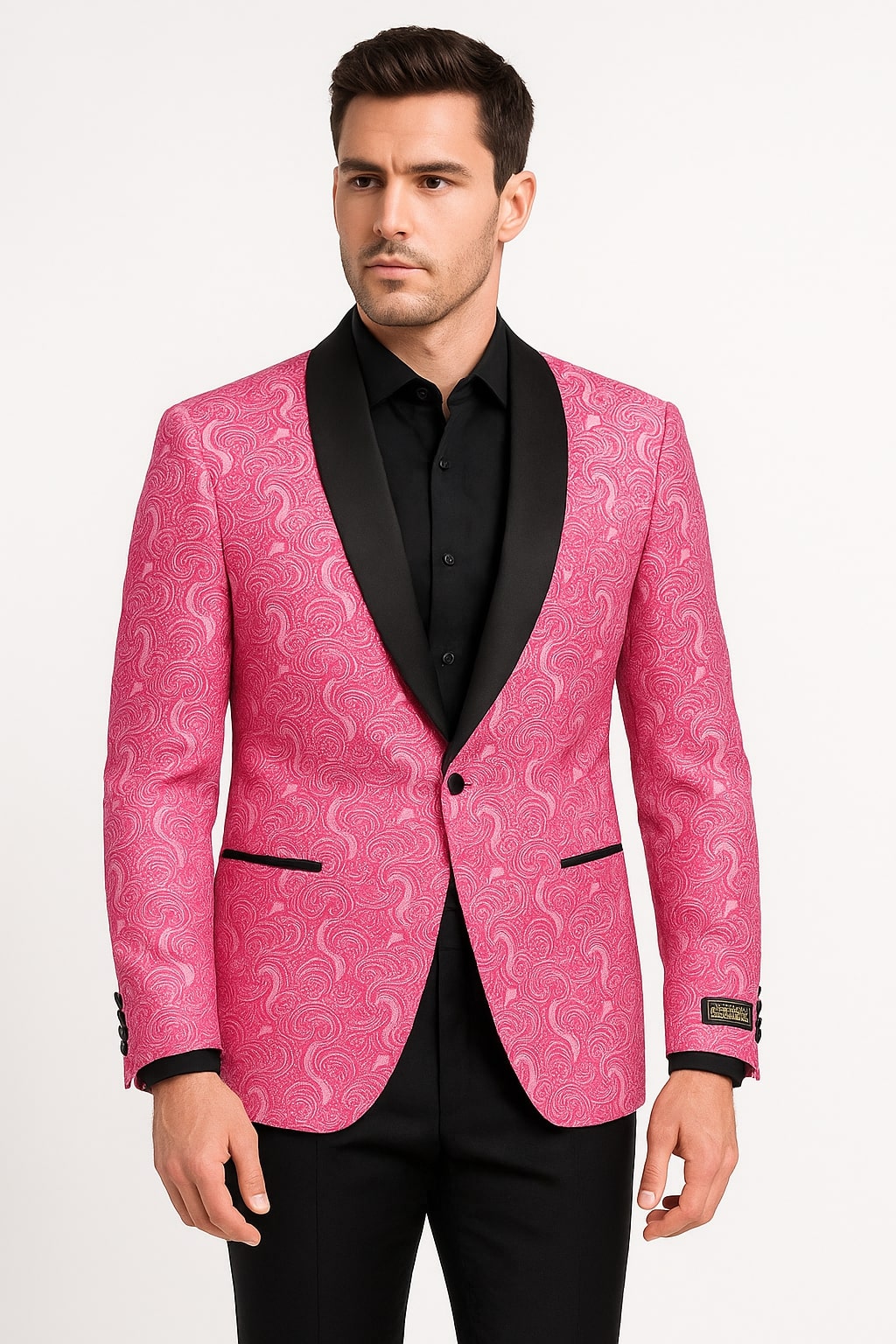 Mens Hot Pink Paisley Tuxedo Blazer with Black Shawl Lapel Fuchsia Color Dinner Jacket Perfect for Prom - Hot Pink