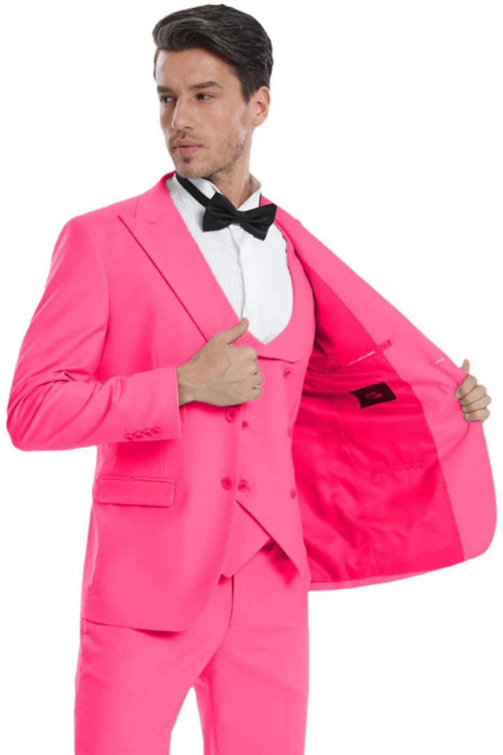 Cheap Suit - Men's Two Button Vested Peak Lapel Pastel Wedding & Prom Fuchsia Suit