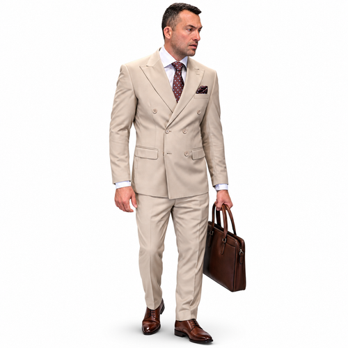 Men’s Double-Breasted Regular Fit 3 Piece Suit with Pleated Pants - Tan