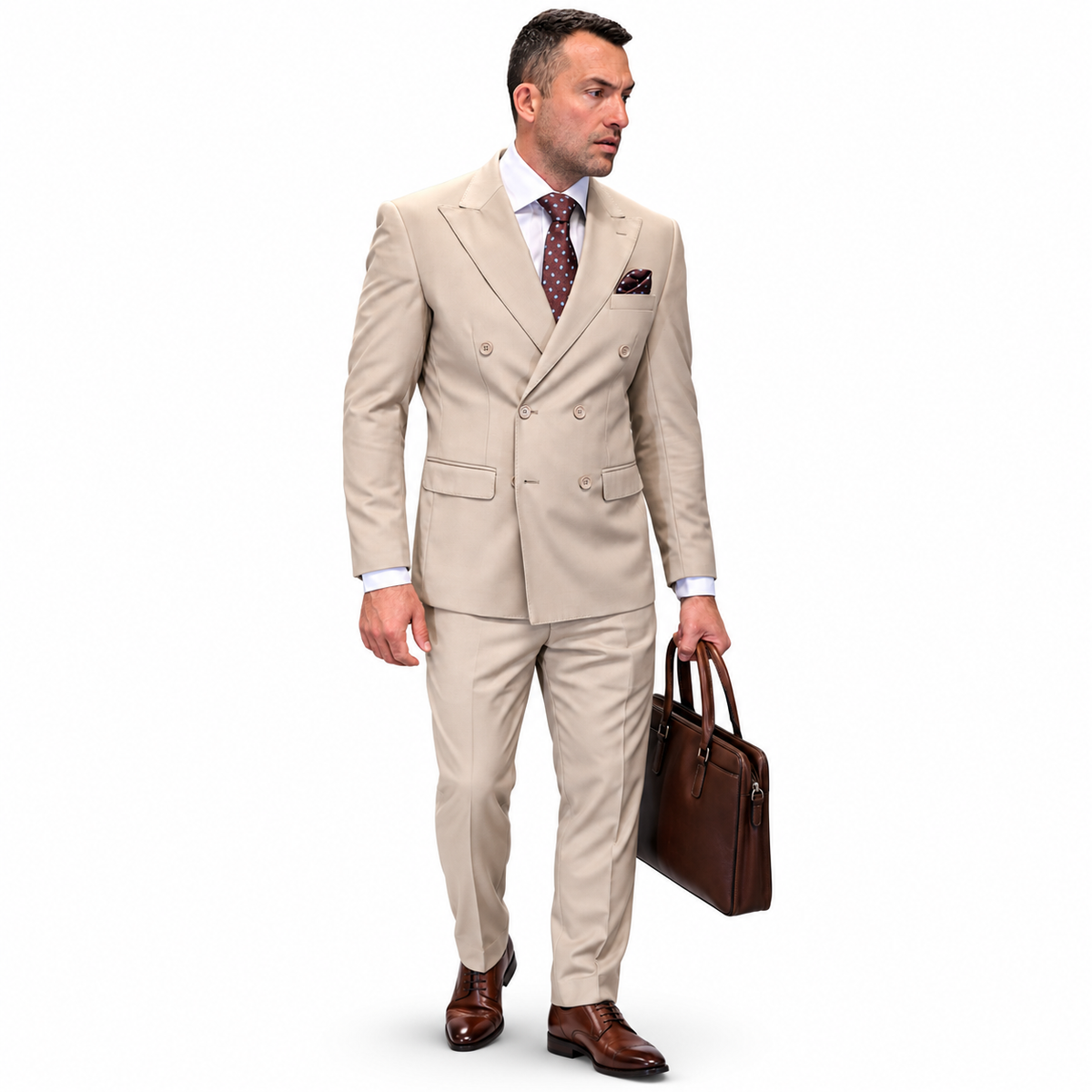 Men’s Double-Breasted Regular Fit 3 Piece Suit with Pleated Pants - Tan