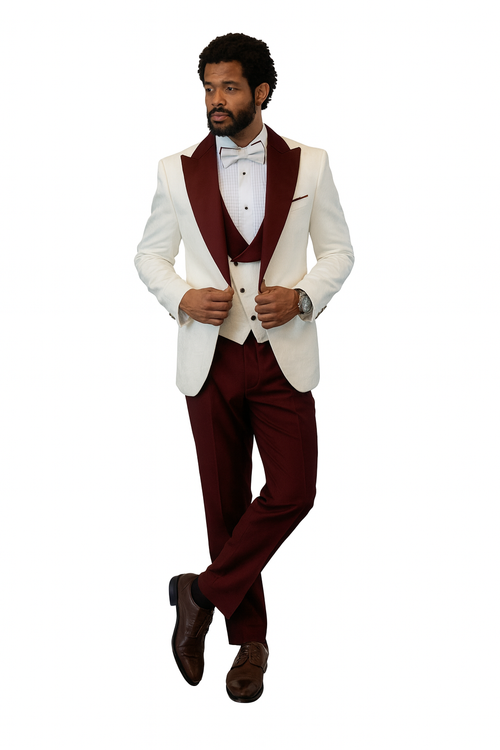 Hilton White and Burgundy Paisley Peak Lapel Tuxedo Jacket with Matching Shawl Vest and Wool Pants Includes Bow Tie