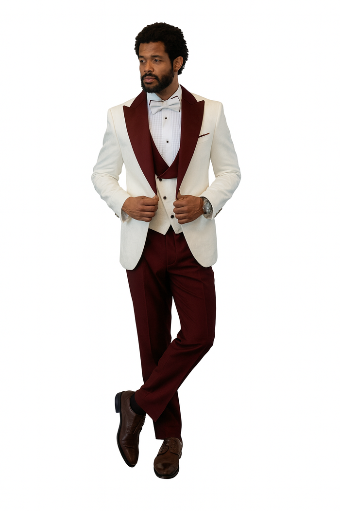 Hilton White and Burgundy Paisley Peak Lapel Tuxedo Jacket with Matching Shawl Vest and Wool Pants Includes Bow Tie