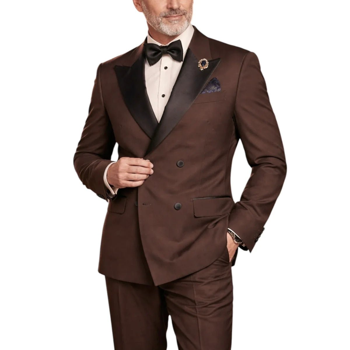 Mens Regular Fit Double Breasted Tuxedo with Satin Lapel and Bow Tie - Brown - 34 Short or Extra Small