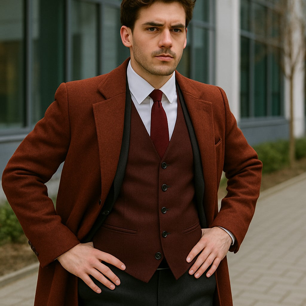 Men's Dress Coat Full Length Wool Dress Top Coat / Overcoat in Burgundy Overcoat - 44 Regular