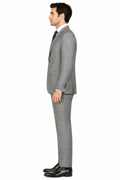 Mens 2 Button Peak Lapel Modern Plaid Suit in Grey