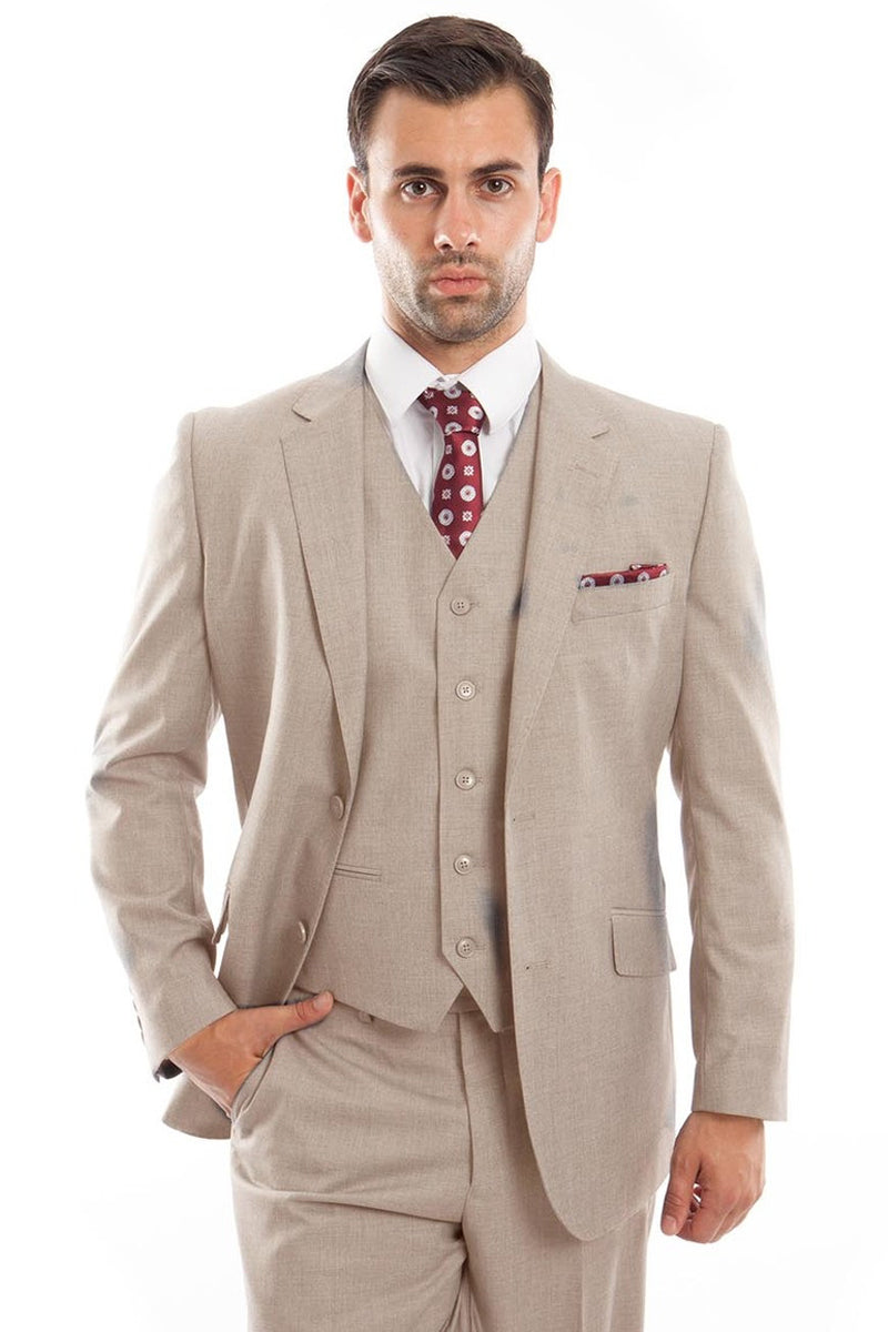 "Designer Men's Modern Fit Wool Suit - Two Button Vested in Tan" - 34 Short