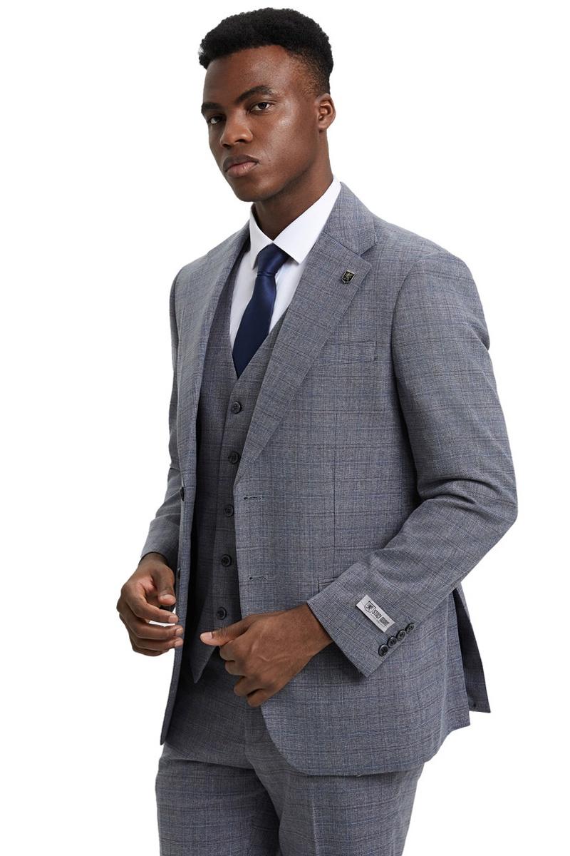 Men's Stacy Adams Modern Fit Vested Suit in Light Grey Micro Check Plaid - 38 Regular