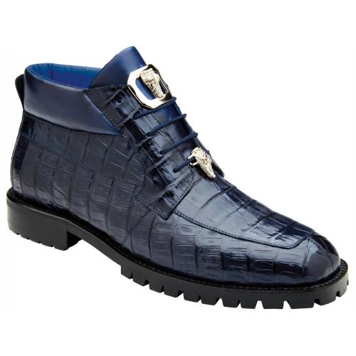 Belvedere  Gallardo Navy Blue Genuine Crocodile Tractor Sole Ankle Boots - 6