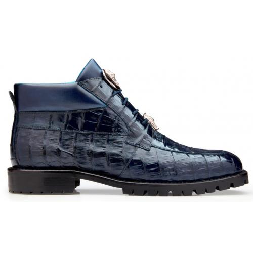 Belvedere  Gallardo Navy Blue Genuine Crocodile Tractor Sole Ankle Boots - 6