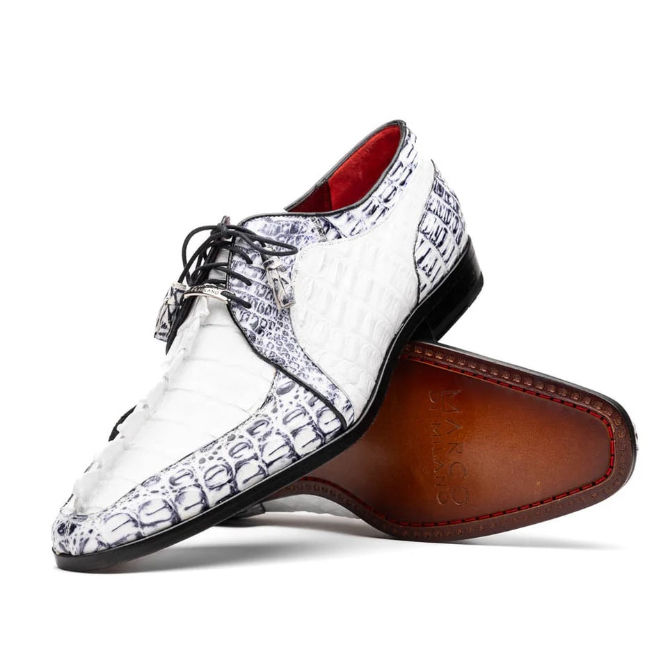 Marco Di Milano Caribe Men's Shoes White & Newspaper Genuine Hornback Caiman Crocodile Dress Derby Oxfords - 6