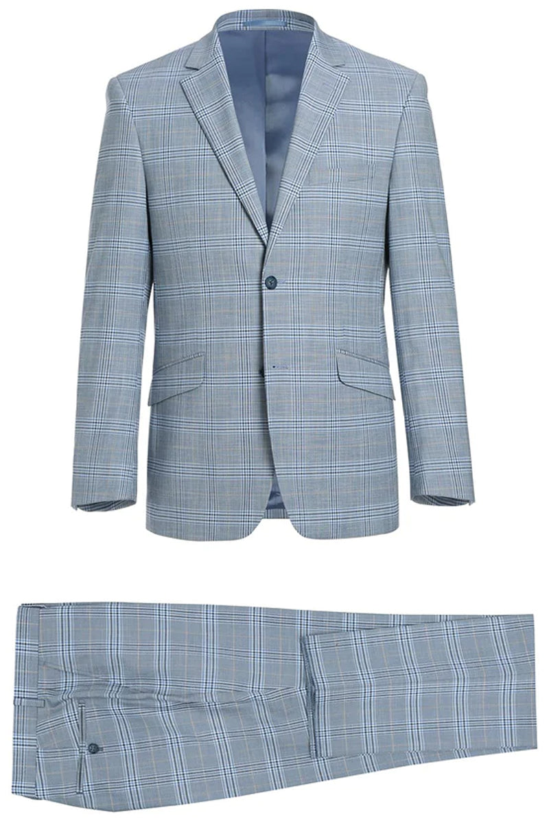 "Sky Blue Windowpane Plaid Men's Slim Fit Two-Button Suit"