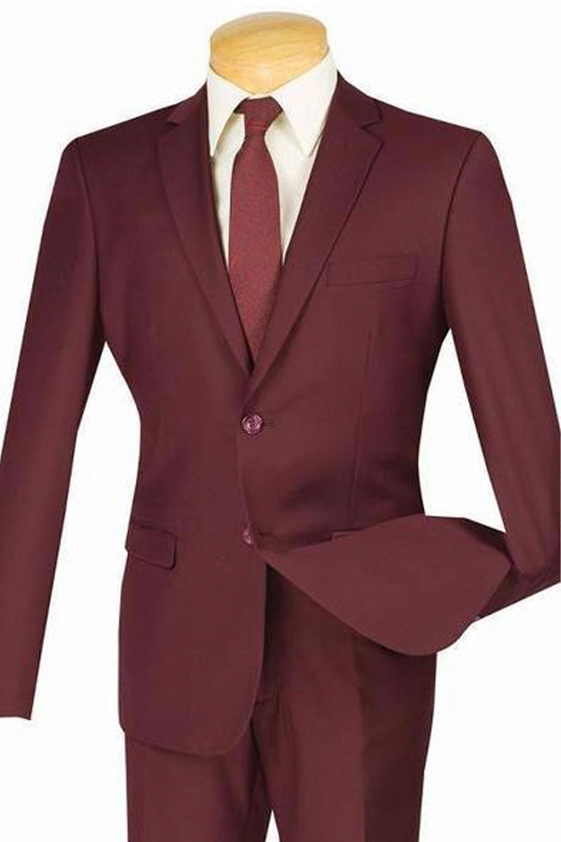 Mens 2 Button Slim Fit Poplin Suit in Burgundy - 36 Short