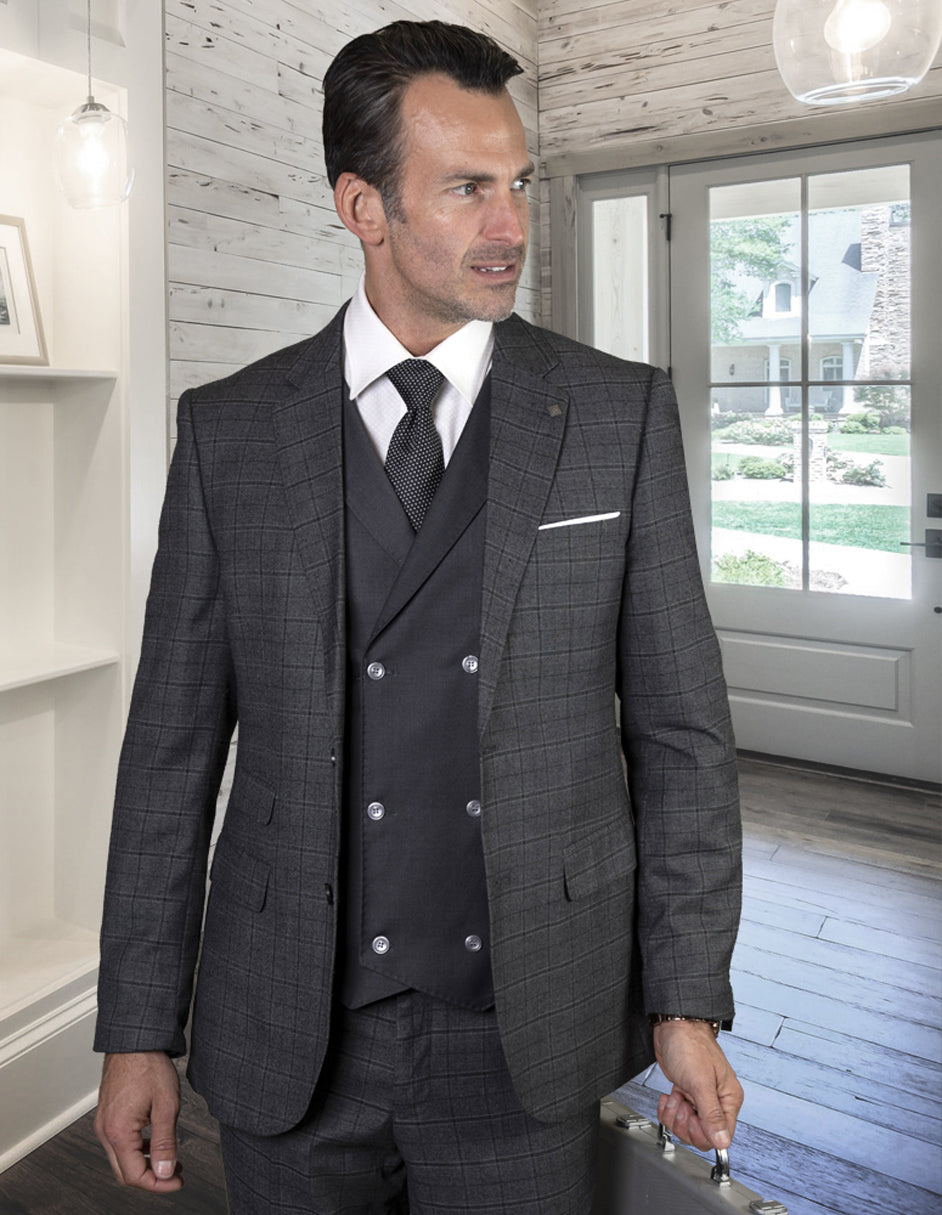 Mens 2 Button Notch Lapel Wool Suit with Double Breasted Vest in Grey Plaid - 46 Short