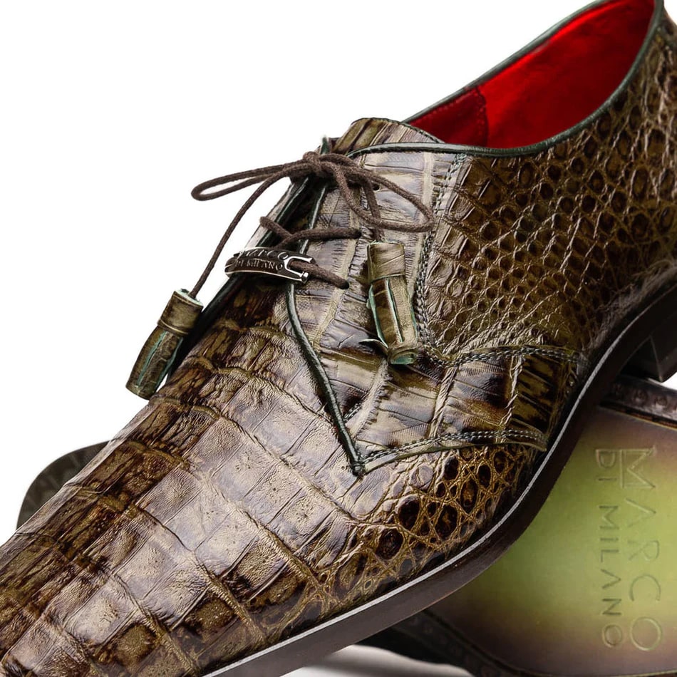 Marco Di Milano Lacio Men's Shoes Wood Green Genuine Caiman Crocodile Dress Derby Oxfords - 6