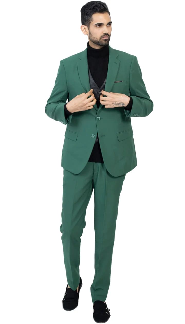 Paul Lorenzo Mens Hunter Green Slim Fit 2 Piece Suit - 38 Short Jacket+32 Waist Adjustable 28to34)(Height: 5 4 to5 7 )(Neck  15-16.5)S-M)