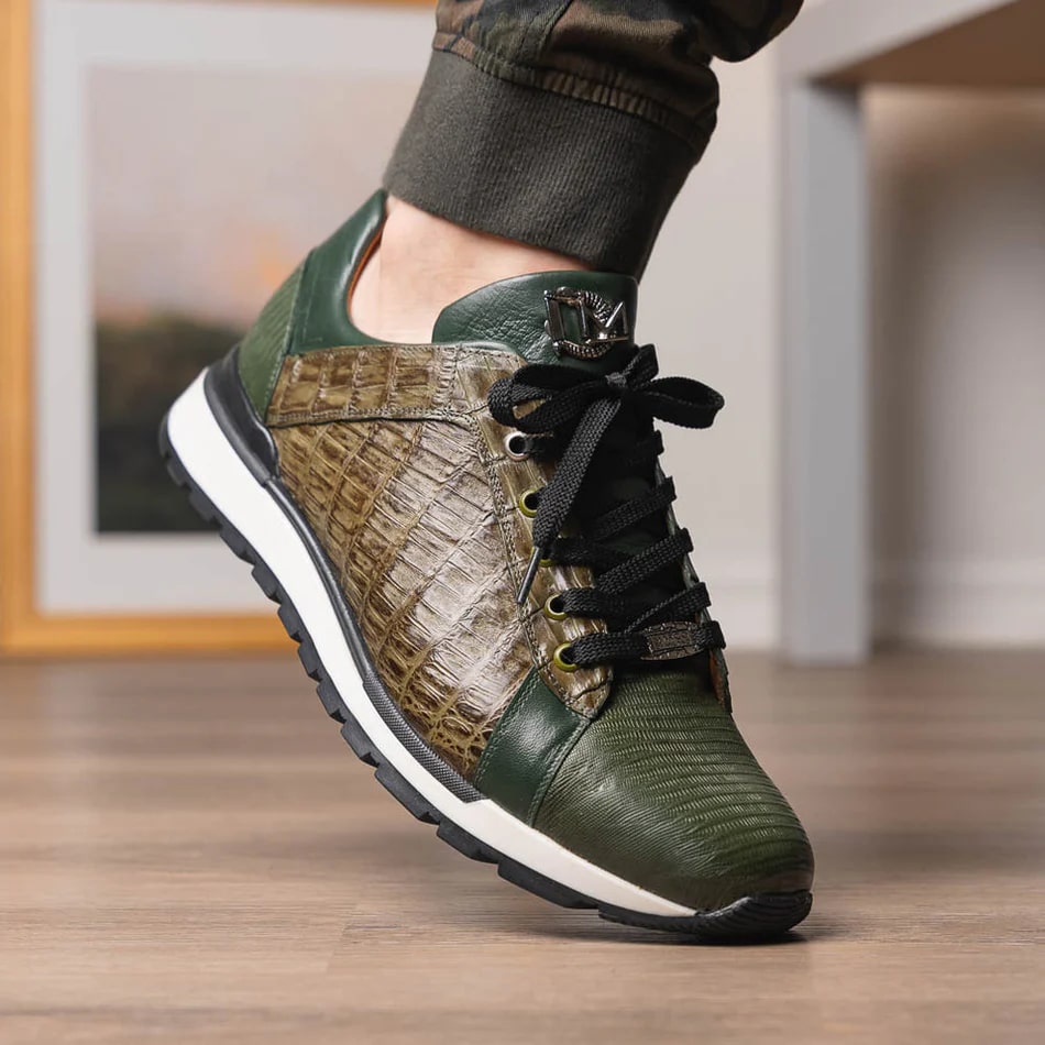 Marco Di Milano Portici Men's Shoes Green & Olive Exotic Lizard / Crocodile Casual Sneakers - 6