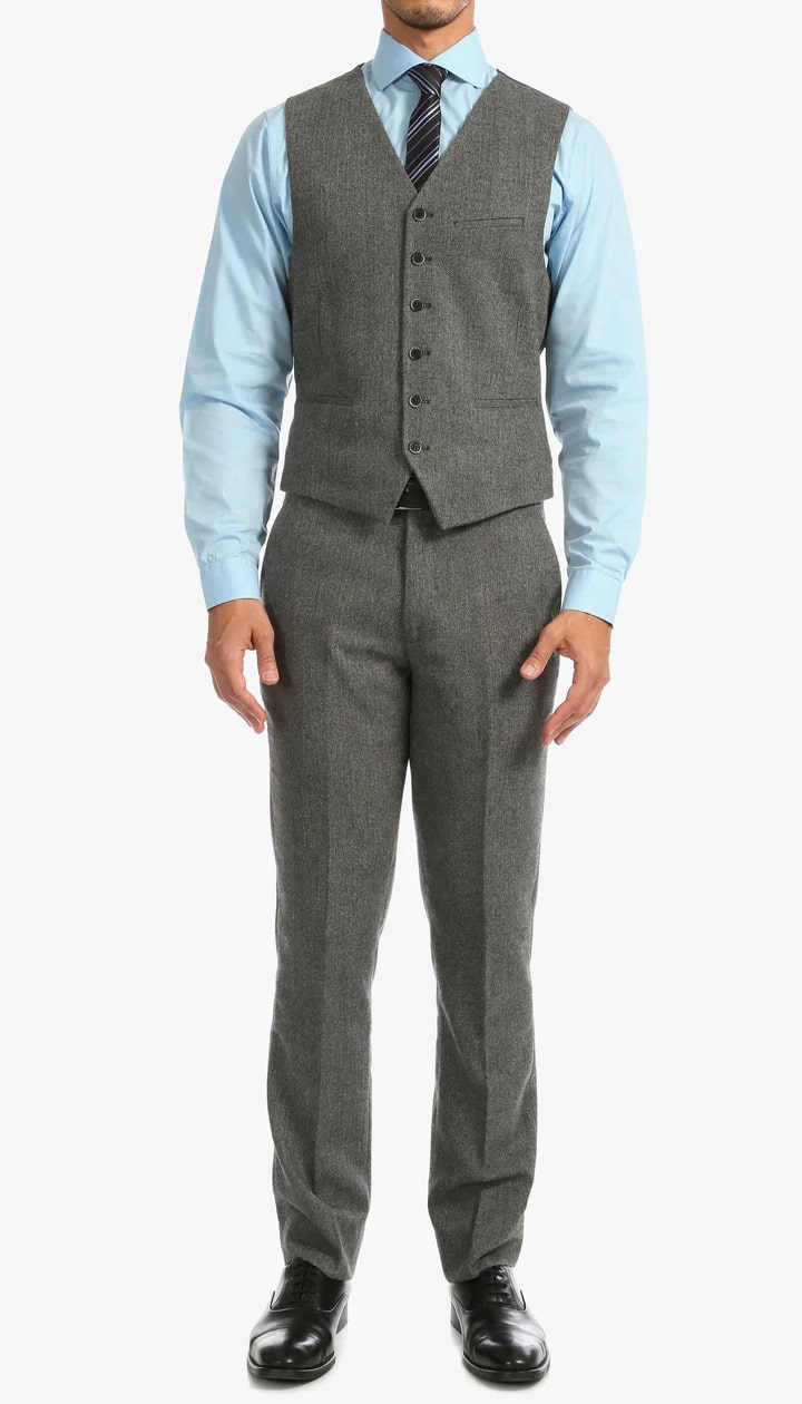 York Grey Slim Fit 3 Piece Herringbone Suit - 38 Short Jacket+32 Waist Adjustable 28to34)(Height: 5 4 to5 7 )(Neck  15-16.5)S-M)